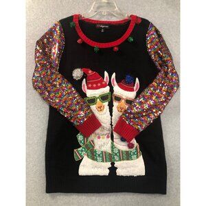 Ugly Christmas Sweater Llamas XL Tunic OR Dress Sequin Sleeves Pom Details READ